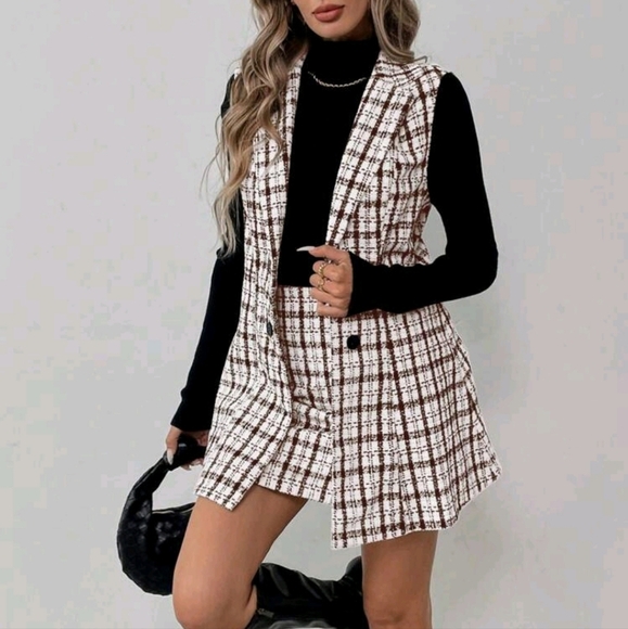 Women Plaid Print Collar Sleeveless Top And Mini Skirt 2-Piece Set - Picture 3 of 6